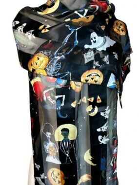Whimsical Halloween Scarf featuring Sheer Stripe Pattern w/ Halloween Characters